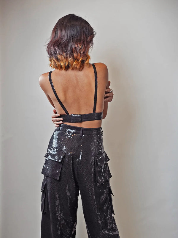 Black Sequin Crop & Bell Bottom Pants Co-ord Set