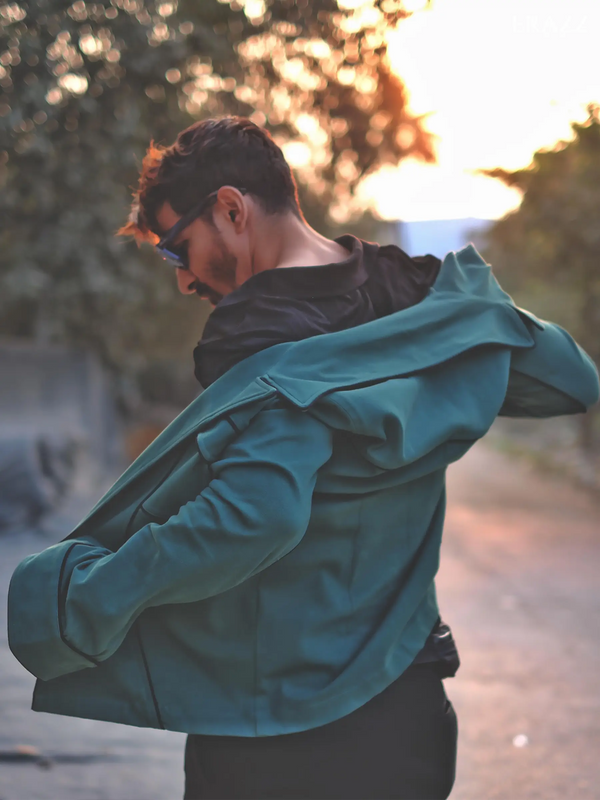 Green Denim Jacket with Black Piping Details