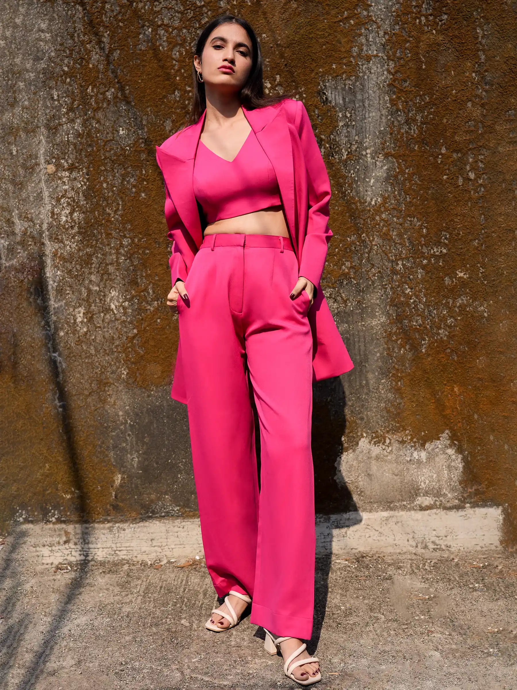3 Piece Hot Pink Semi Formal Blazer with Crop Top and Trousers image 0
