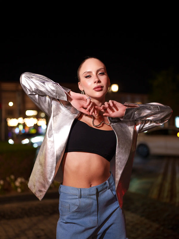 Blue Denim & Metallic Jacket Co-ord Set with Bralette