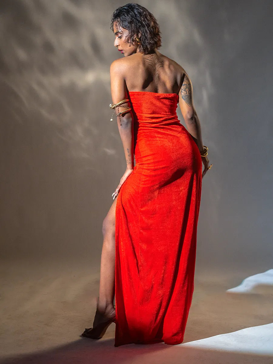 Red Velvet Gown with High Slit image 3