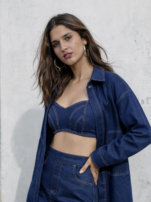 Denim 3psc coord set with Oversized Shirt