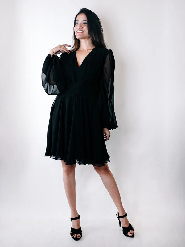 Black Georgette V-Neck Bishop Sleeve Midi Dress