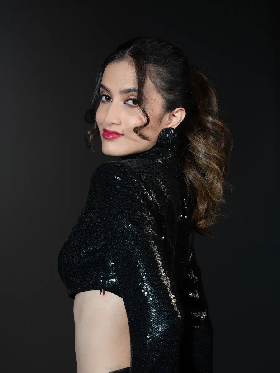 Black Sequin Crop Top & High Slit Skirt Set image 7