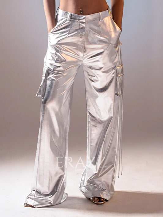 Silver Metallic Cargo Pants image 0