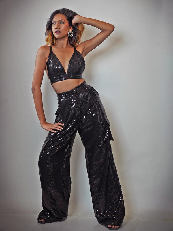 Black Sequin Crop & Bell Bottom Pants Co-ord Set