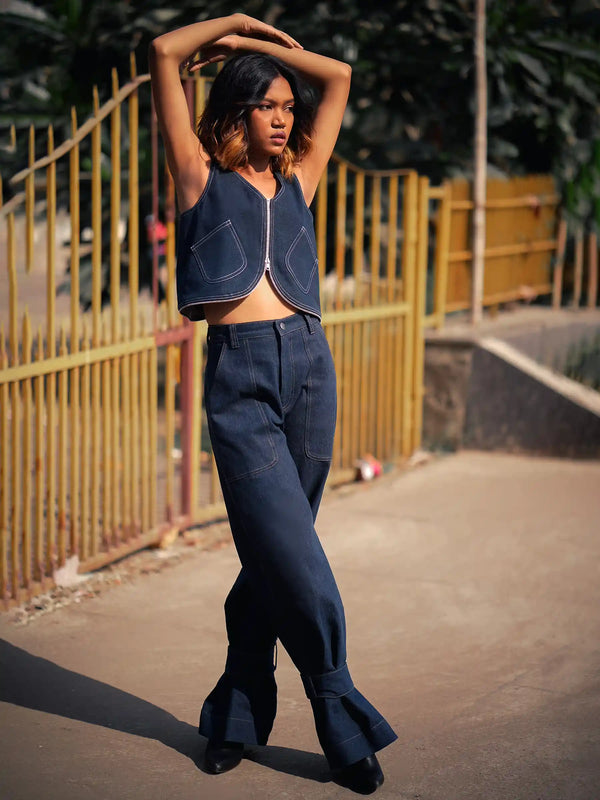 Versatile Denim Co-Ord Set with Convertible Top & Adjustable Jeans