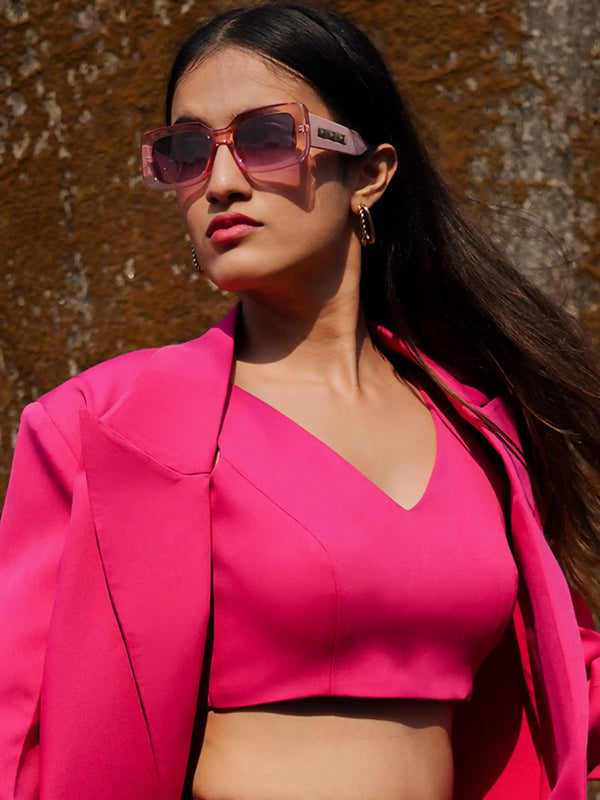 3 Piece Hot Pink Semi Formal Blazer with Crop Top and Trousers