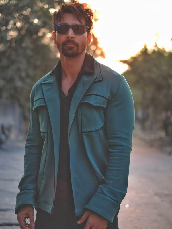 Green Denim Jacket with Black Piping Details