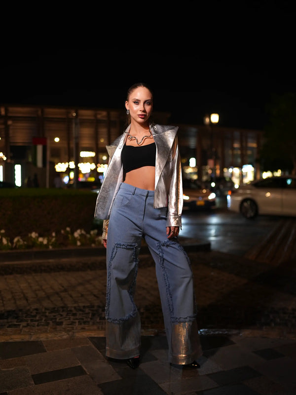 Blue Denim & Metallic Jacket Co-ord Set with Bralette