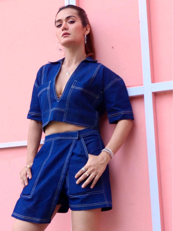Urban Structured Denim Skorts and Loose Shirt