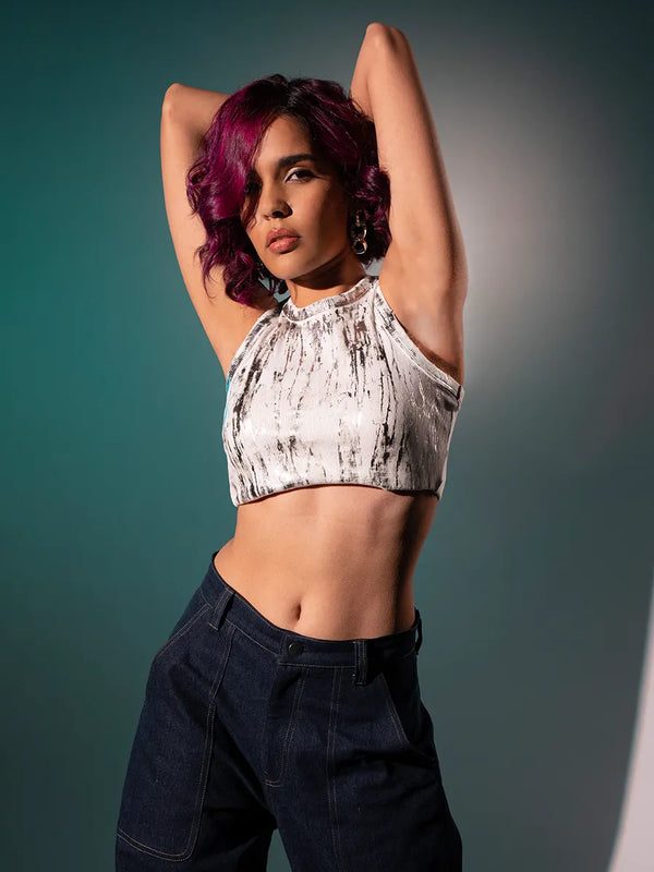 White Ribbed Silver Tank Top