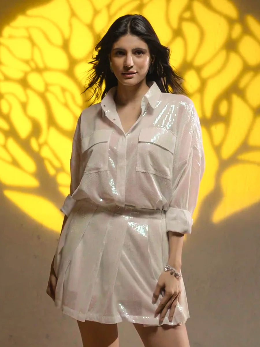 White Sequin Shirt With Pleated Sequin Skirt image 0