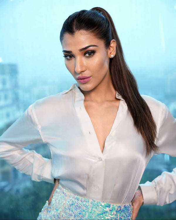 Sequin Skirt with satin shirt