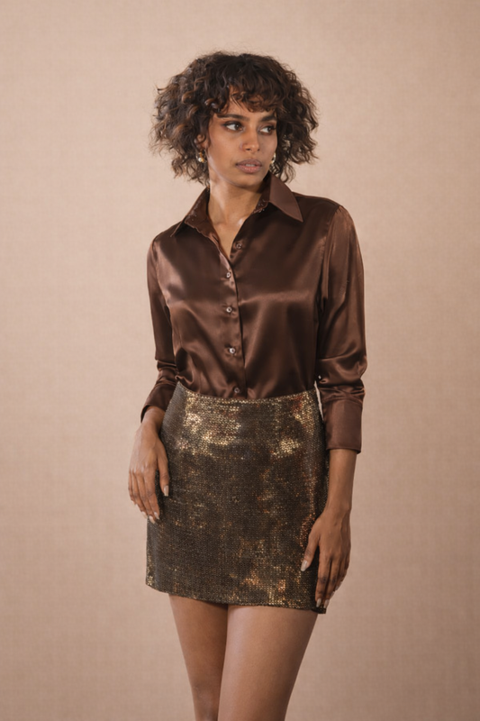 Satin Shirt with Golden Sequin Skirt