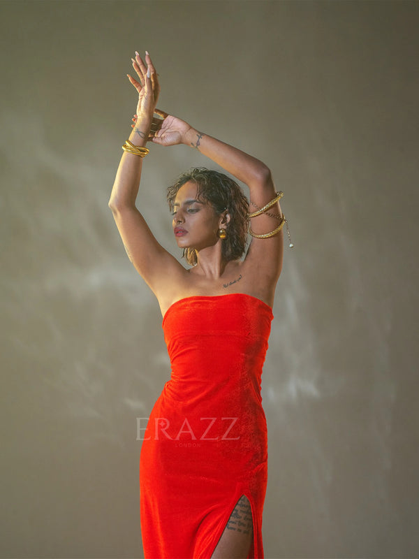 Red Velvet Gown with High Slit