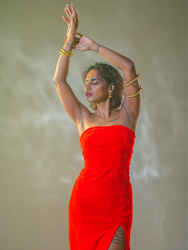 Red Velvet Gown with High Slit