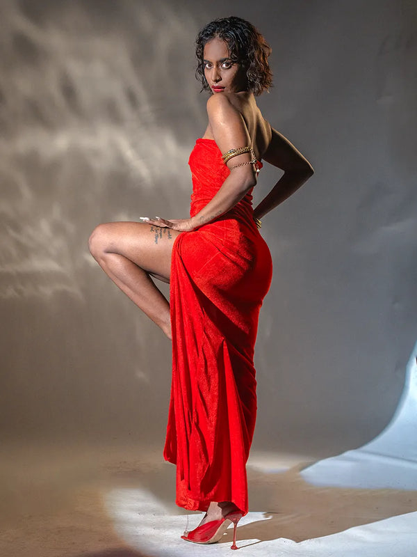 Red Velvet Gown with High Slit