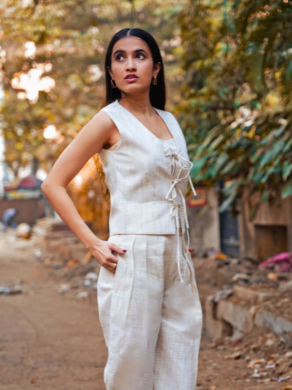 Cream Statement Casual Waist Coat & Straight Trouser Coord Set