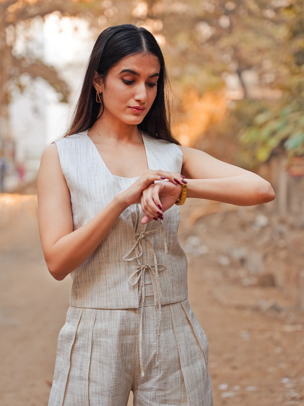 Cream Statement Casual Waist Coat & Straight Trouser Coord Set