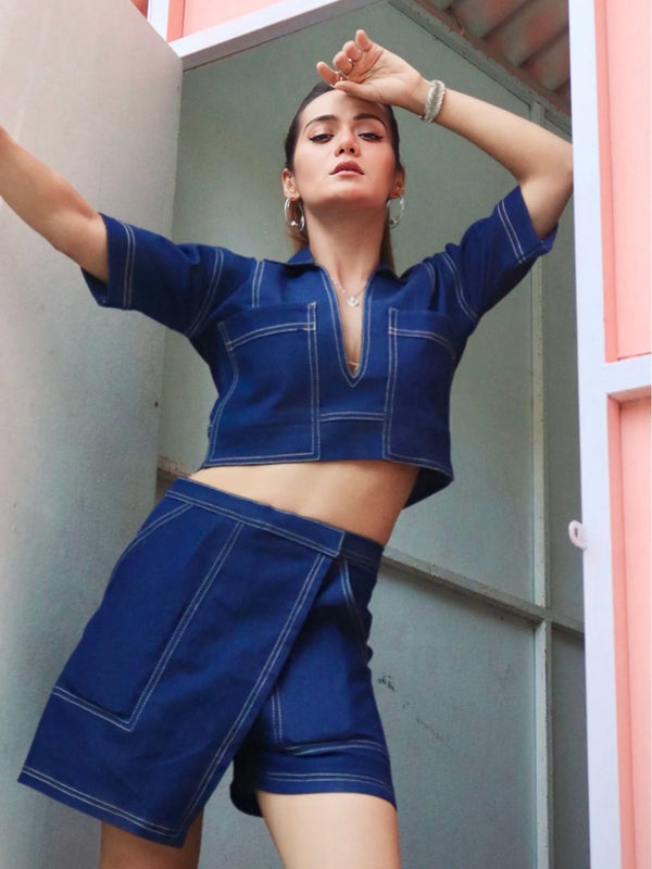 Urban Structured Denim Skorts and Loose Shirt