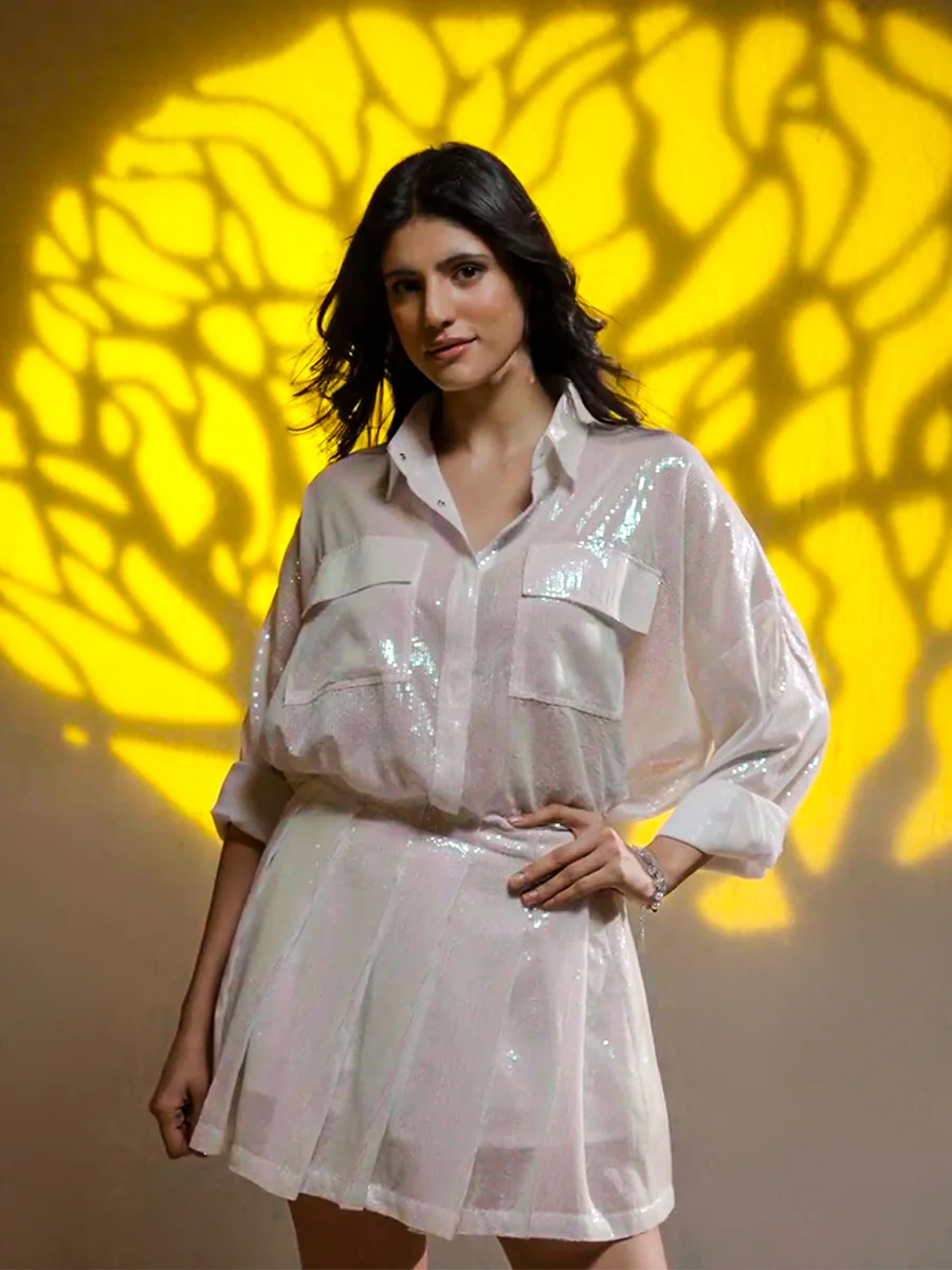 White Sequin Shirt With Pleated Sequin Skirt image 1