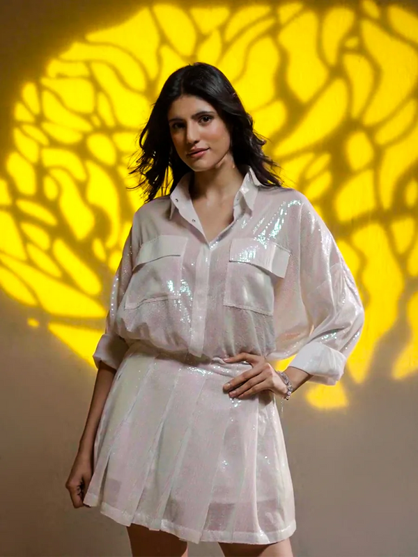 White Sequin Shirt With Pleated Sequin Skirt