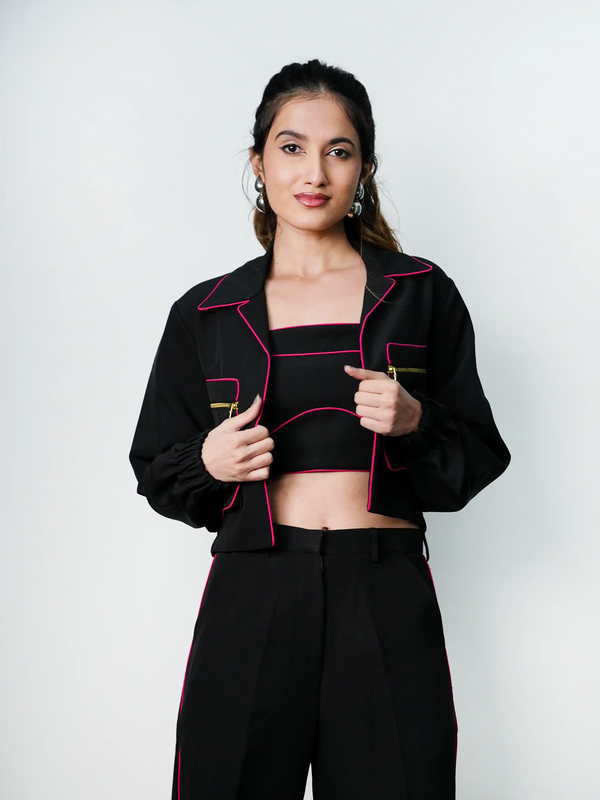 Black & Pink Piping Short Jacket
