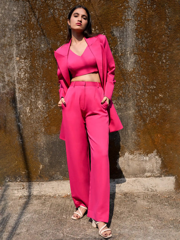 3 Piece Hot Pink Semi Formal Blazer with Crop Top and Trousers