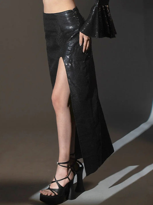 Black Sequin High Slit Skirt image 0