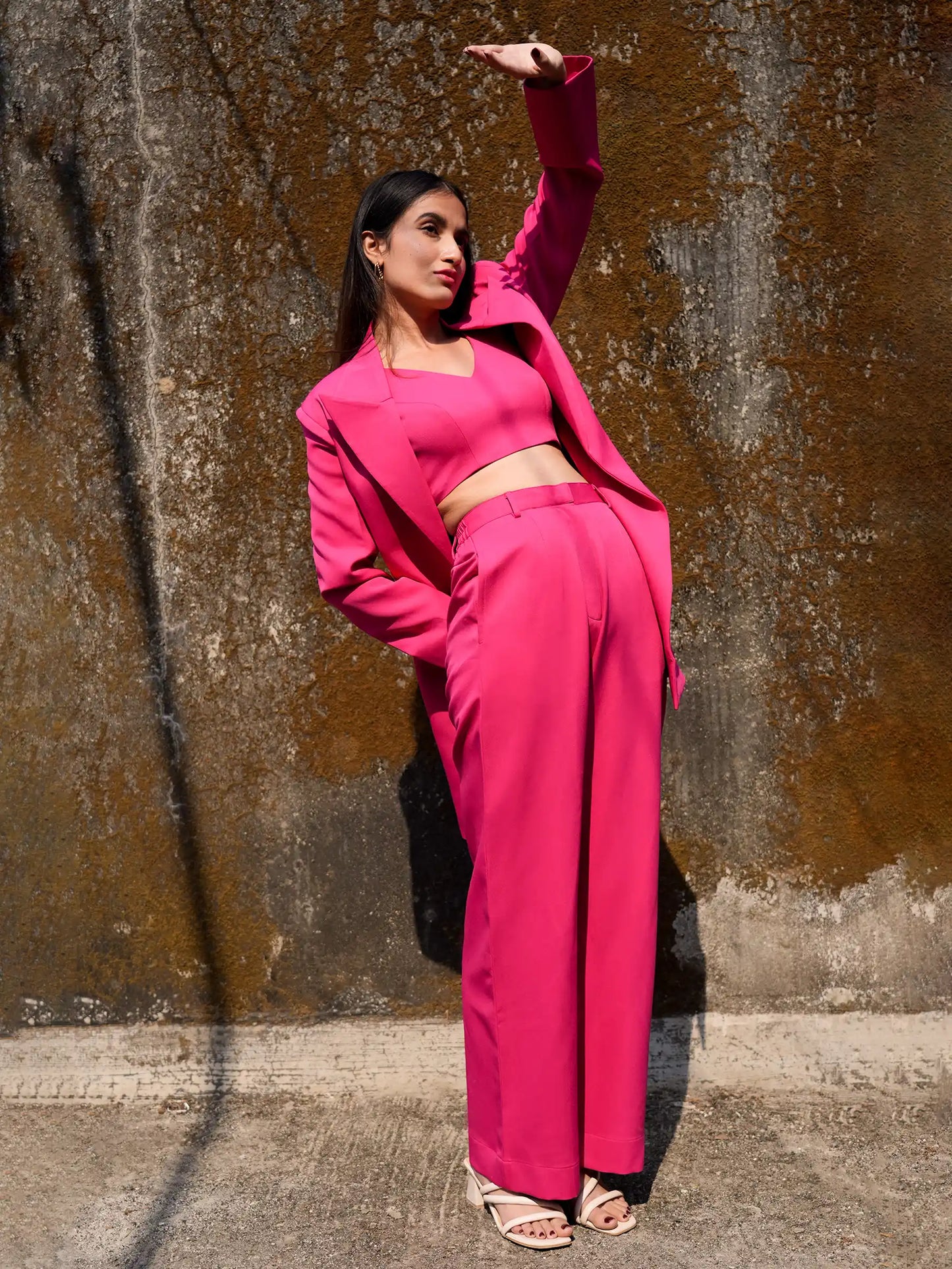 3 Piece Hot Pink Semi Formal Blazer with Crop Top and Trousers image 2
