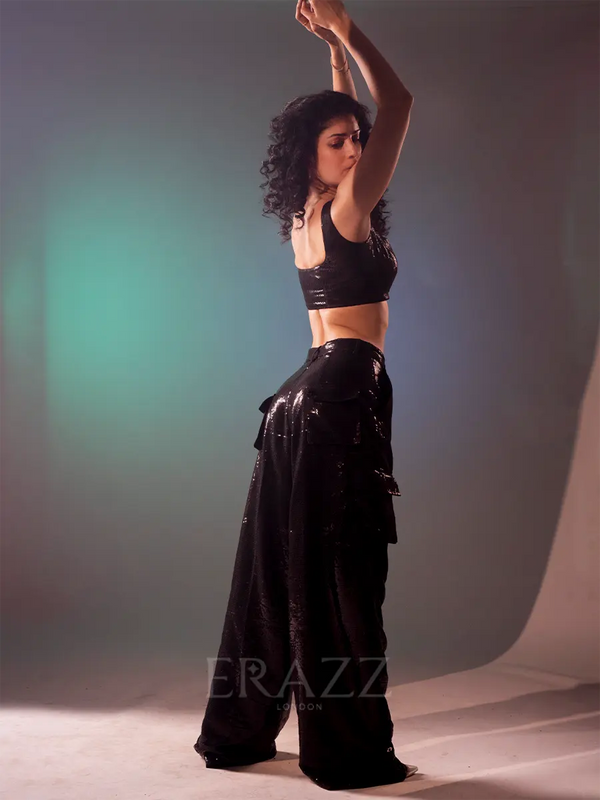 Black Sequin Crop & Pants Set