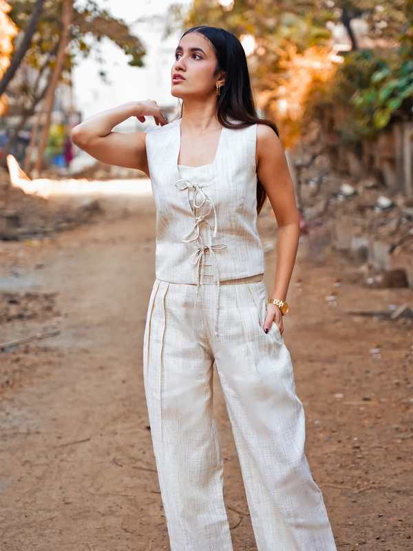 Cream Statement Casual Waist Coat & Straight Trouser Coord Set