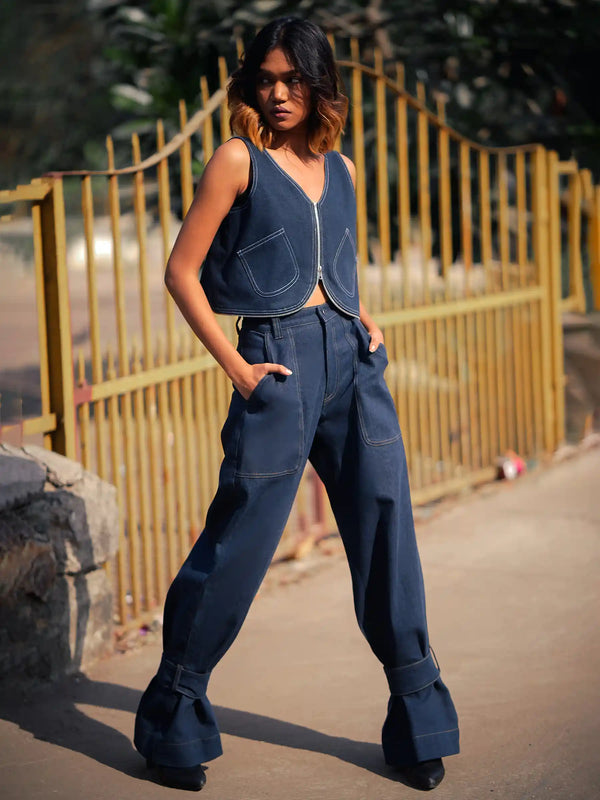 Versatile Denim Co-Ord Set with Convertible Top & Adjustable Jeans