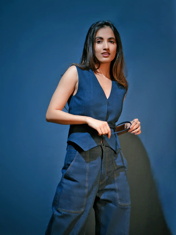 Chic Denim Waistcoat & Wide-Leg Trouser Coord Set
