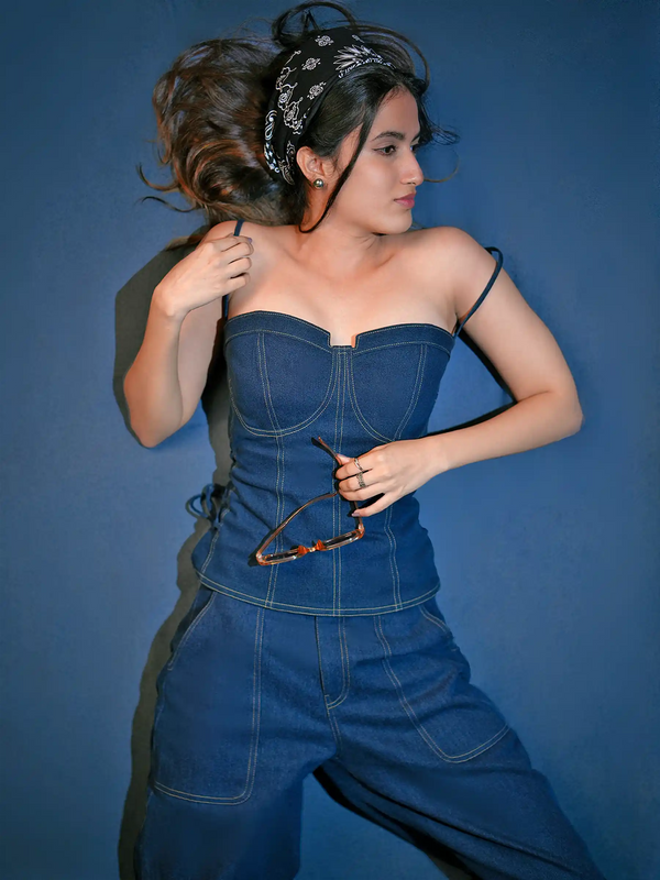 Denim Corset & Wide Leg Trousers Coord Set