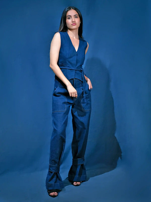 Chic Denim Waistcoat & Wide-Leg Trouser Coord Set