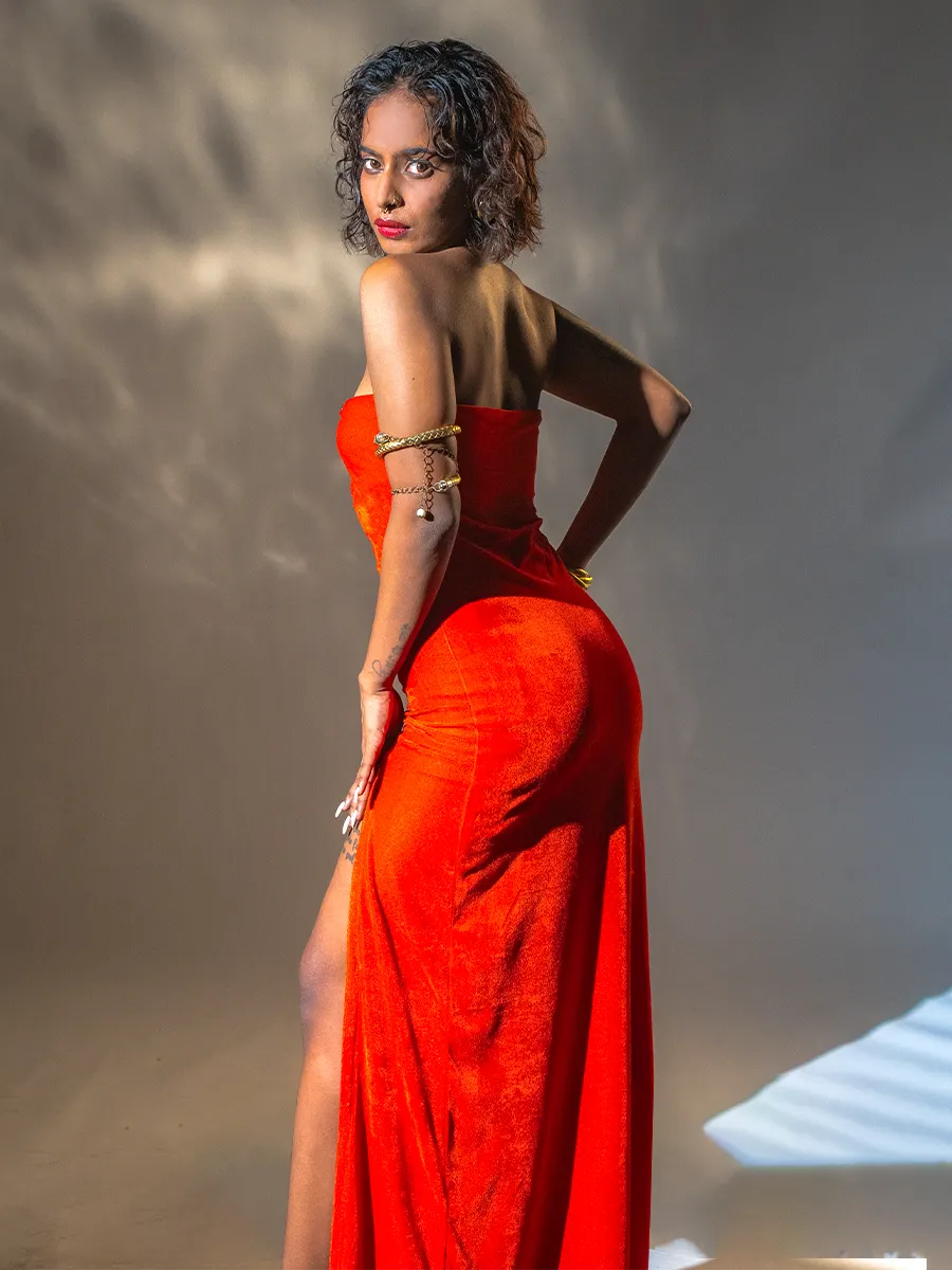 Red Velvet Gown with High Slit image 2
