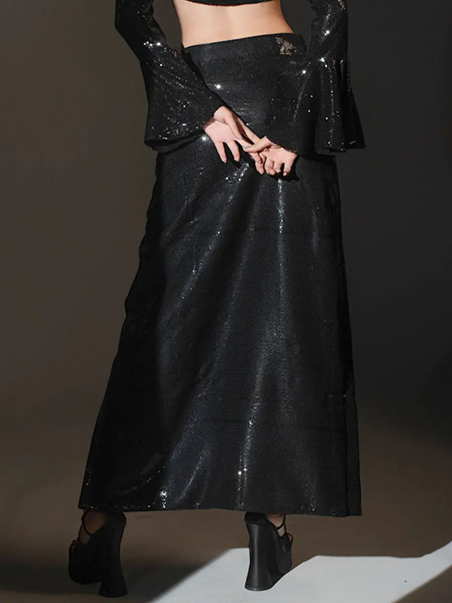 Black Sequin Crop Top & High Slit Skirt Set image 5