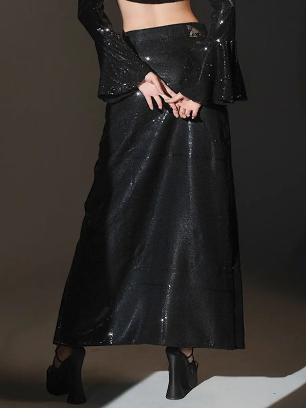 Black Sequin Crop Top & High Slit Skirt Set