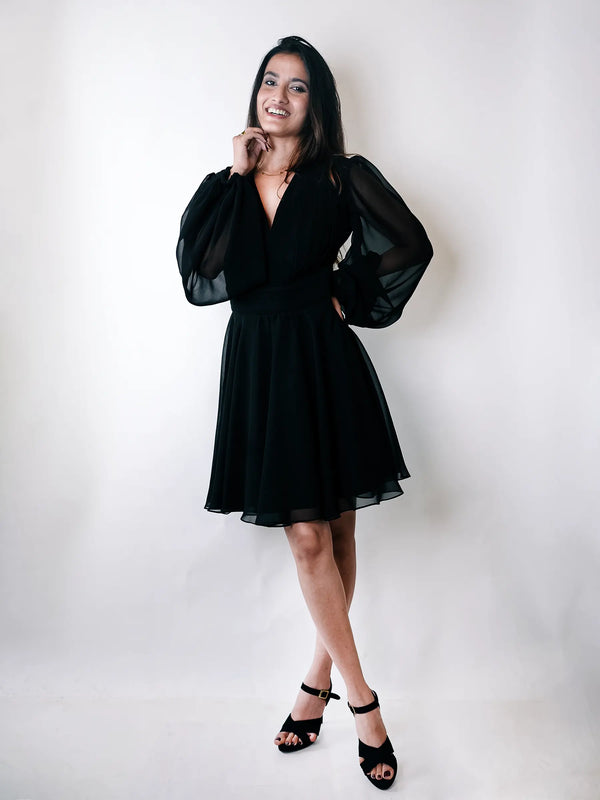 Black Georgette V-Neck Bishop Sleeve Midi Dress