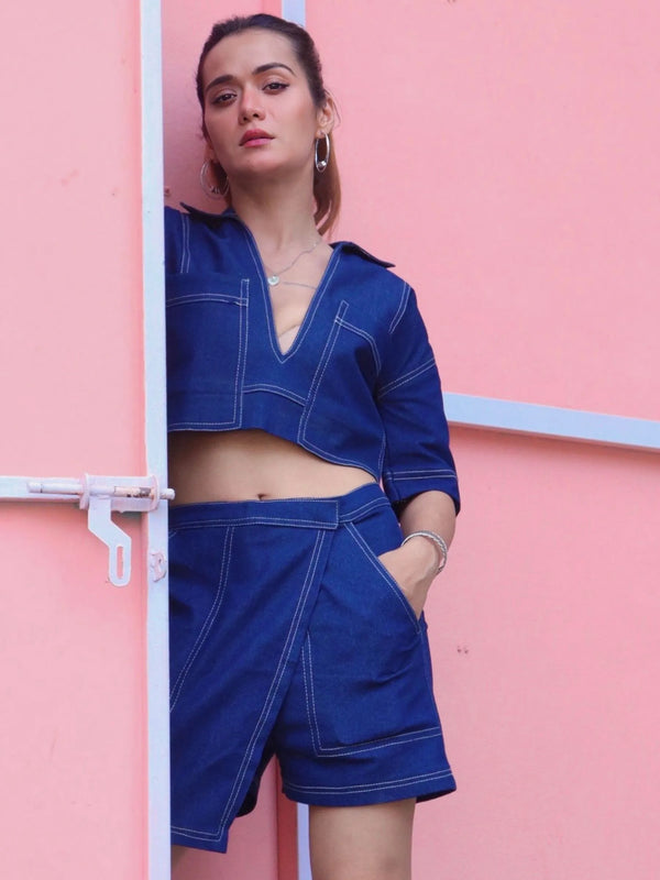 Urban Structured Denim Skorts and Loose Shirt