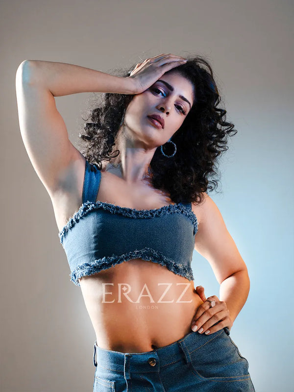 Flower Rugged Denim & Crop Top Coord Set