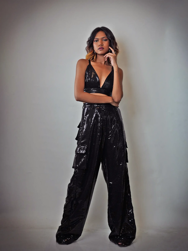 Black Sequin Crop & Bell Bottom Pants Co-ord Set