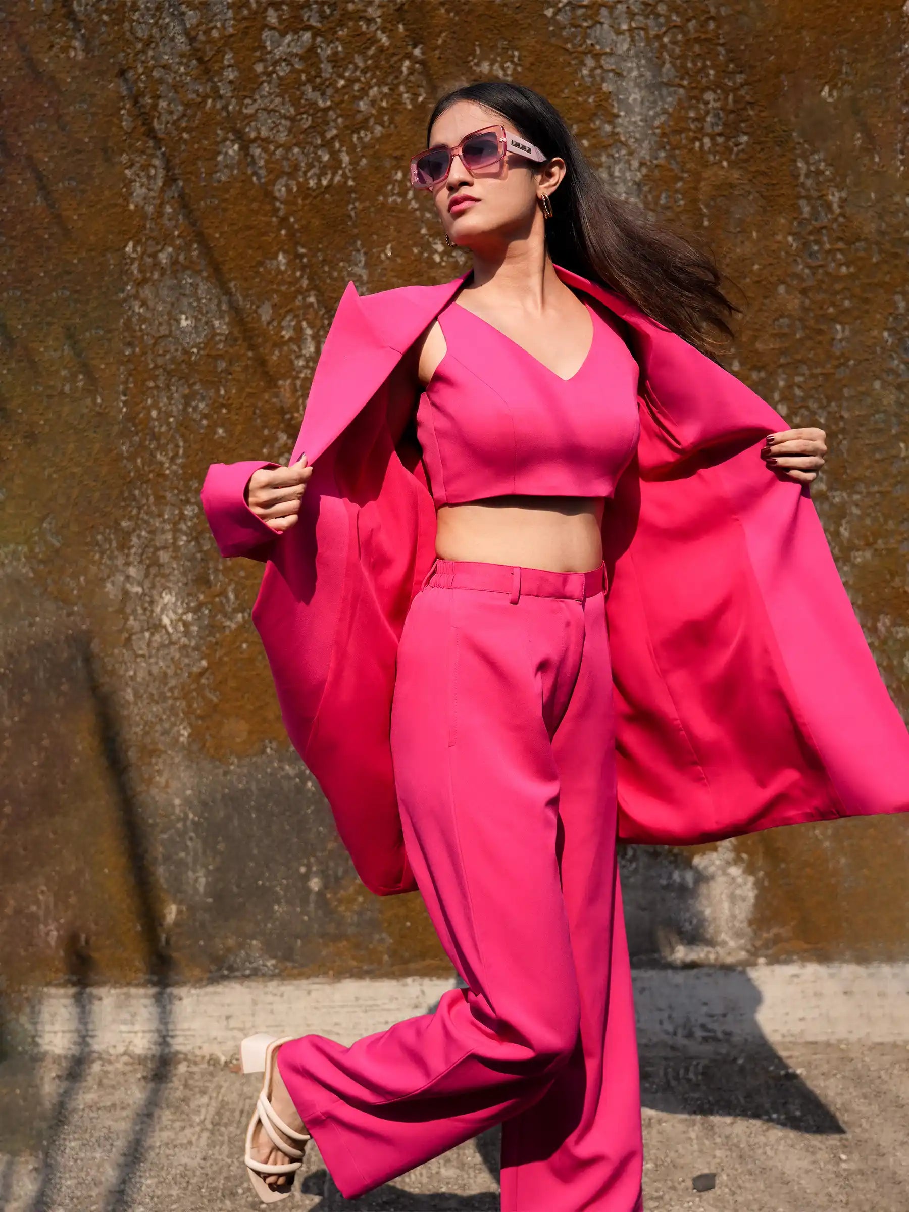 3 Piece Hot Pink Semi Formal Blazer with Crop Top and Trousers image 3