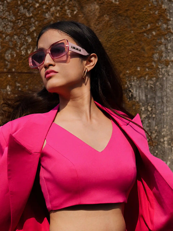 3 Piece Hot Pink Semi Formal Blazer with Crop Top and Trousers
