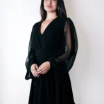 Black Georgette V-Neck Bishop Sleeve Midi Dress